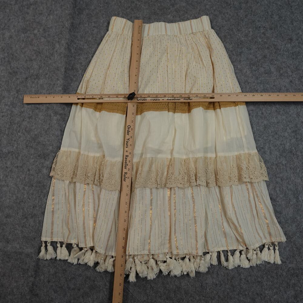 Anthropologie Skirt Womens Small NWT Midi Raga Raffaella Tasseled Boho Tan Cream - Picture 6 of 10